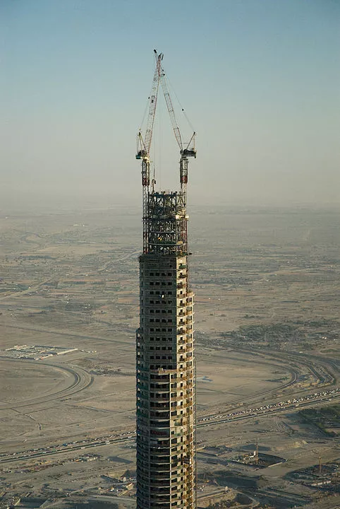 Aerial closeup of Burj Khalifa under construction in March 2008 - Dubai