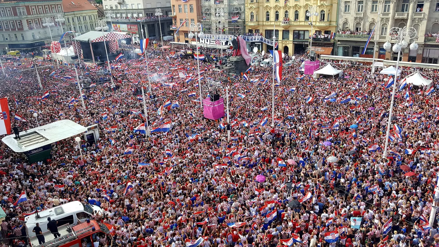 Fan celebrations during 2018 FIFA World Cup on the main square of Zagreb, Croatia