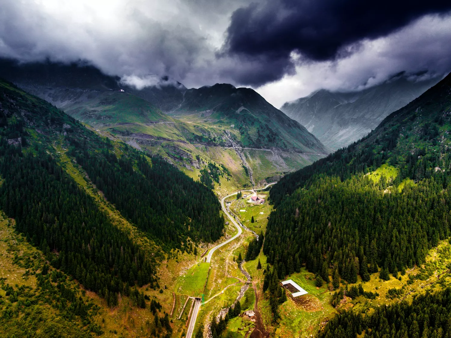 Aerial view of the winding road Transfagarasan in the Carpathians