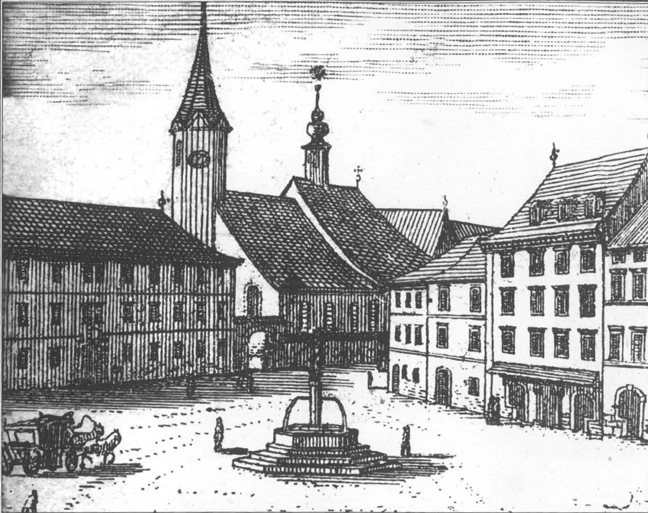 Depiction of the old Ljubljana Cathedral from The Glory of the Duchy of Carniola (1689) - Slovenia