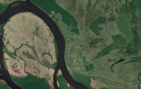 Satellite view of the Russian town of Albazino (Albazin) on the Amur River